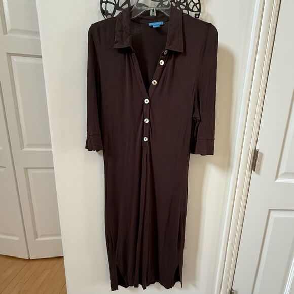 White + Warren Mother of Pearl Button Collared Short Sleeve Midi Dress in Brown - Picture 7 of 13